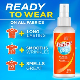 Bounce Anti Static Spray, 3 in 1 Anti Static & Instant Wrinkle Release, Odor Eliminator & Fabric Refresher, Rapid Touch Travel Spray (3 Oz, Pack of 1) Bounce Anti Static Spray, 3 in 1 Anti Static & Instant Wrinkle Release, Odor Eliminator & Fabric Refresher, Rapid Touch Travel Spray (3 Oz, Pack of 1)