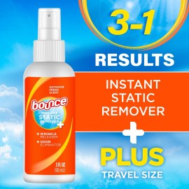 Bounce Anti Static Spray, 3 in 1 Anti Static & Instant Wrinkle Release, Odor Eliminator & Fabric Refresher, Rapid Touch Travel Spray (3 Oz, Pack of 1) Bounce Anti Static Spray, 3 in 1 Anti Static & Instant Wrinkle Release, Odor Eliminator & Fabric Refresher, Rapid Touch Travel Spray (3 Oz, Pack of 1)