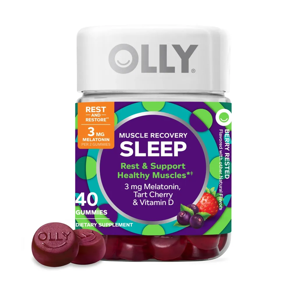 OLLY Muscle Recovery Sleep Gummies, Sleep and Sore Muscle Support, 3mg Melatonin, Tart Cherry, Vitamin D, Berry Flavor - 40 Count OLLY Muscle Recovery Sleep Gummies, Sleep and Sore Muscle Support, 3mg Melatonin, Tart Cherry, Vitamin D, Berry Flavor - 40 Count