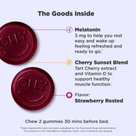 OLLY Muscle Recovery Sleep Gummies, Sleep and Sore Muscle Support, 3mg Melatonin, Tart Cherry, Vitamin D, Berry Flavor - 40 Count OLLY Muscle Recovery Sleep Gummies, Sleep and Sore Muscle Support, 3mg Melatonin, Tart Cherry, Vitamin D, Berry Flavor - 40 Count