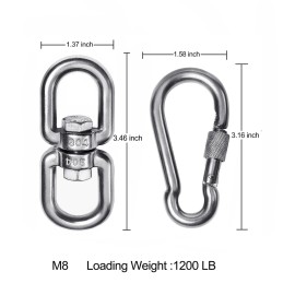 2+1 Heavy Duty 304 Stainless Steel Swivel Ring Double Ended Swivel Eye Hook with SUS304 Snap Hooks for Web Tree Swing, Swing Spinner Hanger, Reliable and Safe (M8) 2+1 Heavy Duty 304 Stainless Steel Swivel Ring Double Ended Swivel Eye Hook with SUS304 Snap Hooks for Web Tree Swing, Swing Spinner Hanger, Reliable and Safe (M8)