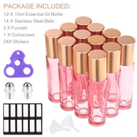 PrettyCare 10 ml Roller Bottles for Essential Oils (Rose Glass, 12 Pack, 2 Extra Roller Balls, 24 Labels, Opener, 2 Funnels Essential Oil Roller Bottles for body oil perfume PrettyCare 10 ml Roller Bottles for Essential Oils (Rose Glass, 12 Pack, 2 Extra Roller Balls, 24 Labels, Opener, 2 Funnels Essential Oil Roller Bottles for body oil perfume