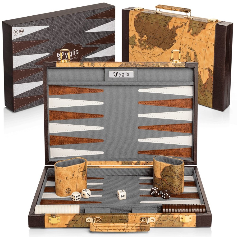 Yglis 15 Backgammon Sets for Adults - Premium Faux Leather Case, Quality Felt Interior, Covered Hinges, Strategy & Instruction Guide Yglis 15 Backgammon Sets for Adults - Premium Faux Leather Case, Quality Felt Interior, Covered Hinges, Strategy & Instruction Guide