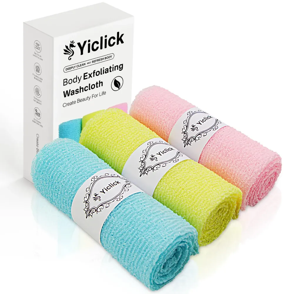 Yiclick Exfoliating Washcloth Towel [3 Pack], Japanese Exfoliating Bath Wash Cloth for Body Exfoliation, Korean Back Scrubber Washer for Shower, African Net Sponge Brush Loofah Exfoliator (Colors)