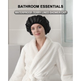 YIZIJIZI Terry Lined Shower Cap,Triple Layer Large Cap for Women,Shower Cap Reusable Waterproof,Long Thick Hair(Black) YIZIJIZI Terry Lined Shower Cap,Triple Layer Large Cap for Women,Shower Cap Reusable Waterproof,Long Thick Hair(Black)