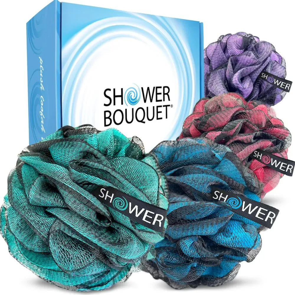 SHOWER BOUQUET Loofah-Charcoal Bath-Sponge XL-Color-4-Pack // Extra Large 75g Soft Mesh Black Luffa Loofa Loufa Puff Set/Exfoliating Body Scrubber for Women and Men - Exfoliate & Soothe Face & Body SHOWER BOUQUET Loofah-Charcoal Bath-Sponge XL-Color-4-Pack // Extra Large 75g Soft Mesh Black Luffa Loofa Loufa Puff Set/Exfoliating Body Scrubber for Women and Men - Exfoliate & Soothe Face & Body