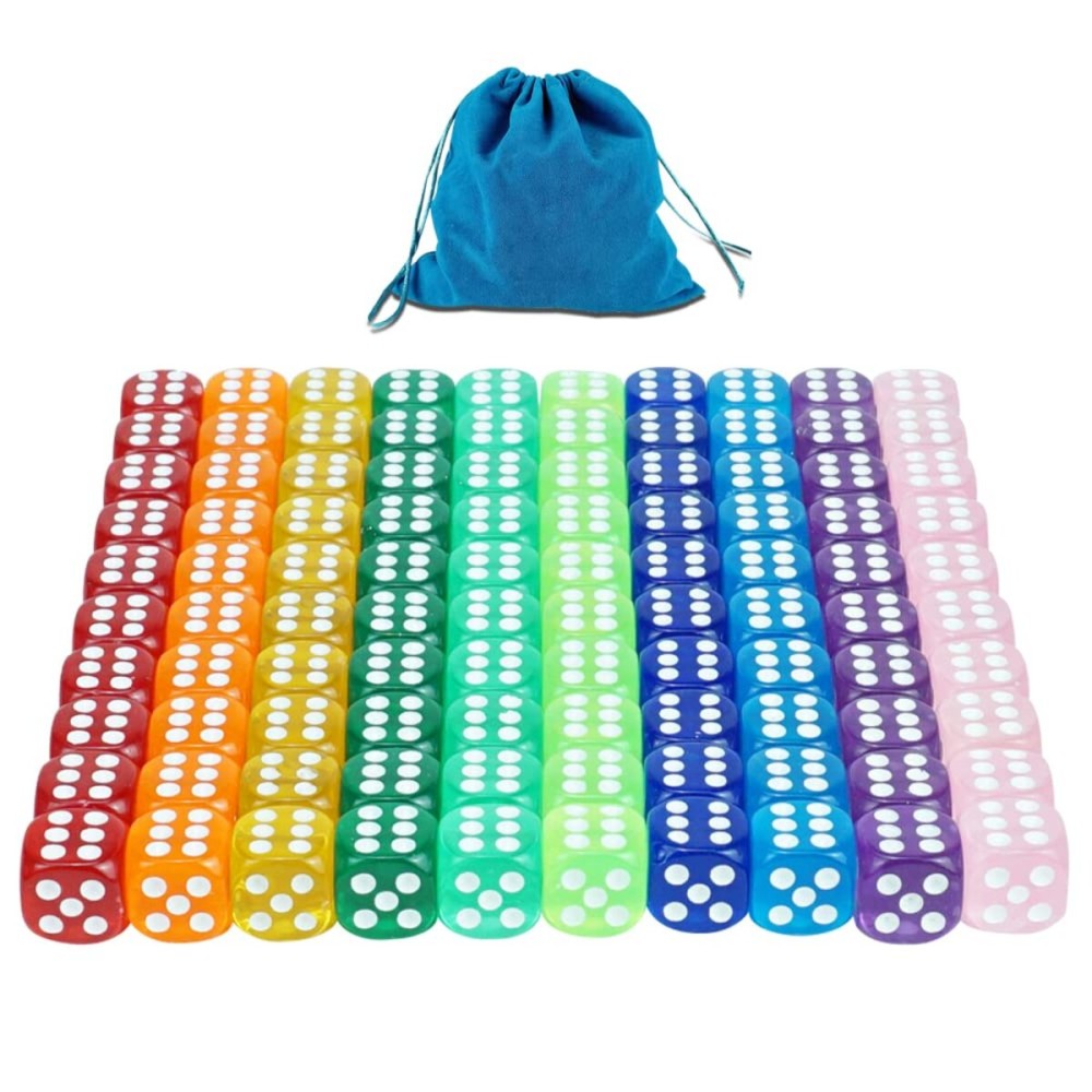 100pcs 16mm Game Dice D6 Six Sided of Rounded Translucent for Yahtzee,Tenzi, Farkle, Bunco, DND, MTG, RPG,Table Board Game or Teaching Math with a Beautiful Blue Drawstring Storage Bag 100pcs 16mm Game Dice D6 Six Sided of Rounded Translucent for Yahtzee,Tenzi, Farkle, Bunco, DND, MTG, RPG,Table Board Game or Teaching Math with a Beautiful Blue Drawstring Storage Bag