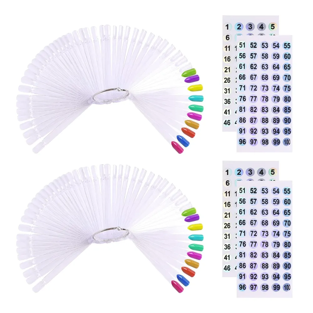 100 ps Fan-Shaped Nail Swatch Sticks with Number Stickers, Nail Practice Sticks, Color Display Wheel, Sample Tips(Transparent)