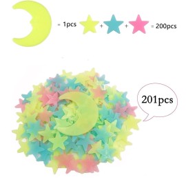 200 Pcs Colorful Glow in The Dark Luminous Stars and Moon Fluorescent Noctilucent Plastic Wall Stickers Murals Decals for Home Art Decor Ceiling Wall Decorate Kids Bedroom Room Decorations
