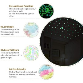 200 Pcs Colorful Glow in The Dark Luminous Stars and Moon Fluorescent Noctilucent Plastic Wall Stickers Murals Decals for Home Art Decor Ceiling Wall Decorate Kids Bedroom Room Decorations