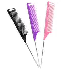 Rat Tail Combs Set: 3Pcs Long Steel Pin Teasing Combs for Salon Hair Stylists, Metal Parting Combs for Women (Purple, Black, Pink) Rat Tail Combs Set: 3Pcs Long Steel Pin Teasing Combs for Salon Hair Stylists, Metal Parting Combs for Women (Purple, Black, Pink)