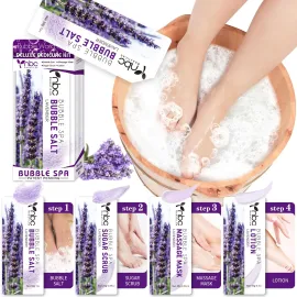nbc BeautiLab Pedicure Kit Foot Soak Set: Bubble Salt, Sugar Scrub, Massage Mask, Massage Lotion in a Box, 4 Step Foot Spa Kit for Dry Feet,Tired Feet1 Set Lavender)