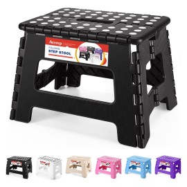 ACSTEP Folding Step Stool 9\'\' Tall Kids Step Stool Holds Up to 300 lb Plastic Foldable Step Stools for Kids Non-Slip Surface with Carry Handle Collapsible Stool for Home, Outdoor and Indoor(Black)