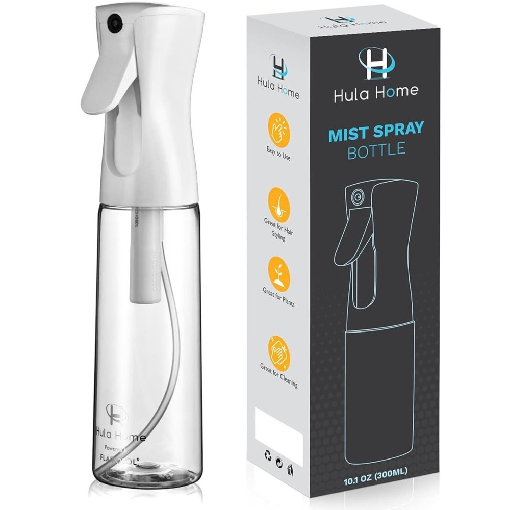 Hula Home Spray Bottle for Hair (10.1oz/300ml) - Powered by Flairosol Spray Technology - Continuous Ultra Fine Mist Sprayer - For Hairstyling, Cleaning, Salons, Plants, Essential Oil & More - White Hula Home Spray Bottle for Hair (10.1oz/300ml) - Powered by Flairosol Spray Technology - Continuous Ultra Fine Mist Sprayer - For Hairstyling, Cleaning, Salons, Plants, Essential Oil & More - White