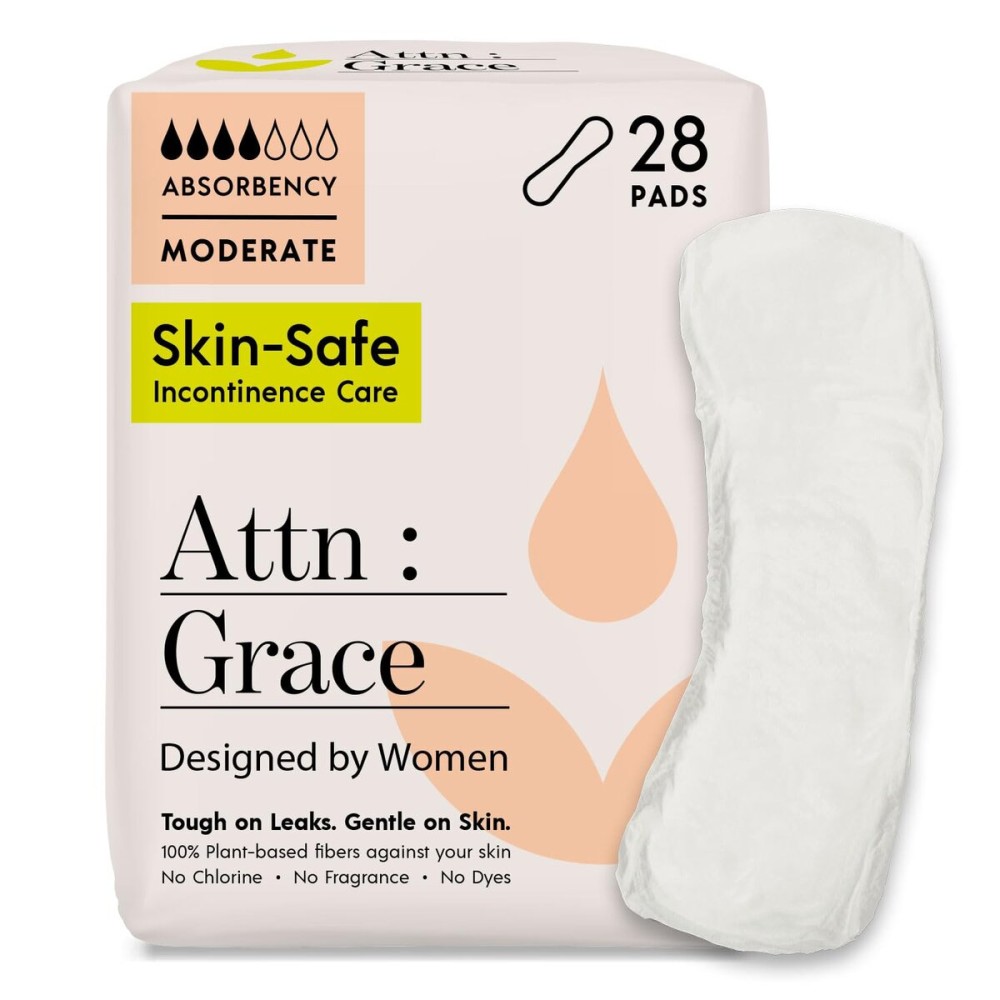 Attn: Grace Moderate Incontinence Pads for Women, 28-Pack - High Absorbency, Breathable, Plant-Based - Incontinence Pads for Moderate Bladder Leaks & Sensitive Skin Attn: Grace Moderate Incontinence Pads for Women, 28-Pack - High Absorbency, Breathable, Plant-Based - Incontinence Pads for Moderate Bladder Leaks & Sensitive Skin