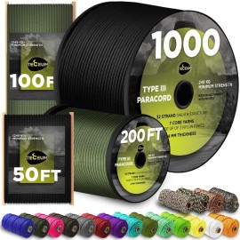 TECEUM Paracord Type III 550 Black -100 ft - 4mm - Tactical Rope MIL-SPEC - Outdoor para Cord -Camping Hiking Fishing Gear and Equipment EDC Parachute Cord Strong Survival Utility Rope 016