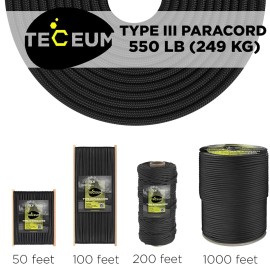 TECEUM Paracord Type III 550 Black -100 ft - 4mm - Tactical Rope MIL-SPEC - Outdoor para Cord -Camping Hiking Fishing Gear and Equipment EDC Parachute Cord Strong Survival Utility Rope 016 TECEUM Paracord Type III 550 Black -100 ft - 4mm - Tactical Rope MIL-SPEC - Outdoor para Cord -Camping Hiking Fishing Gear and Equipment EDC Parachute Cord Strong Survival Utility Rope 016