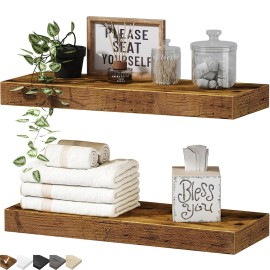 QEEIG Bathroom Floating Shelves for Wall Mounted Shelf Over Toilet Farmhouse Home Decor Display Shelving Small 16 inch Set of 2, Rustic Brown (008-40BN)
