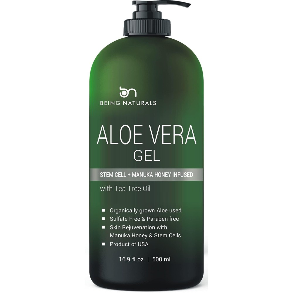 Aloe vera Gel - from 100% Pure Organic Aloe Infused with Manuka Honey, Stem Cell, Tea Tree Oil - Natural Raw Moisturizer for Face, Body, Hair. Perfect for Sunburn, Acne, Razor Bumps 16.9 fl oz Aloe vera Gel - from 100% Pure Organic Aloe Infused with Manuka Honey, Stem Cell, Tea Tree Oil - Natural Raw Moisturizer for Face, Body, Hair. Perfect for Sunburn, Acne, Razor Bumps 16.9 fl oz