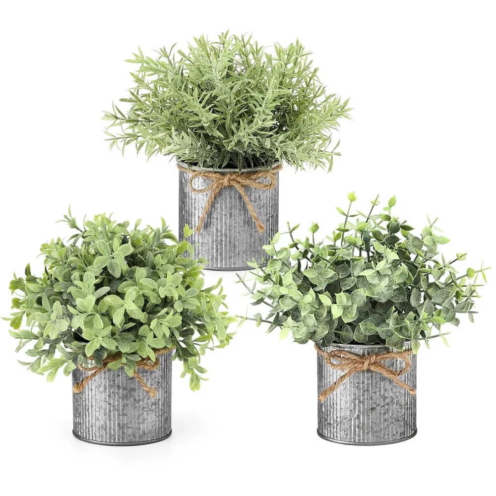 Mkono Small Fake Plants in Farmhouse Galvanized Metal Pots 3 Pack Potted Artificial Plant Eucalyptus for Laundry Room Bathroom Shelf Table Decor