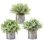 Mkono Small Fake Plants in Farmhouse Galvanized Metal Pots 3 Pack Potted Artificial Plant Eucalyptus for Laundry Room Bathroom Shelf Table Decor