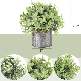 Mkono Small Fake Plants in Farmhouse Galvanized Metal Pots 3 Pack Potted Artificial Plant Eucalyptus for Laundry Room Bathroom Shelf Table Decor
