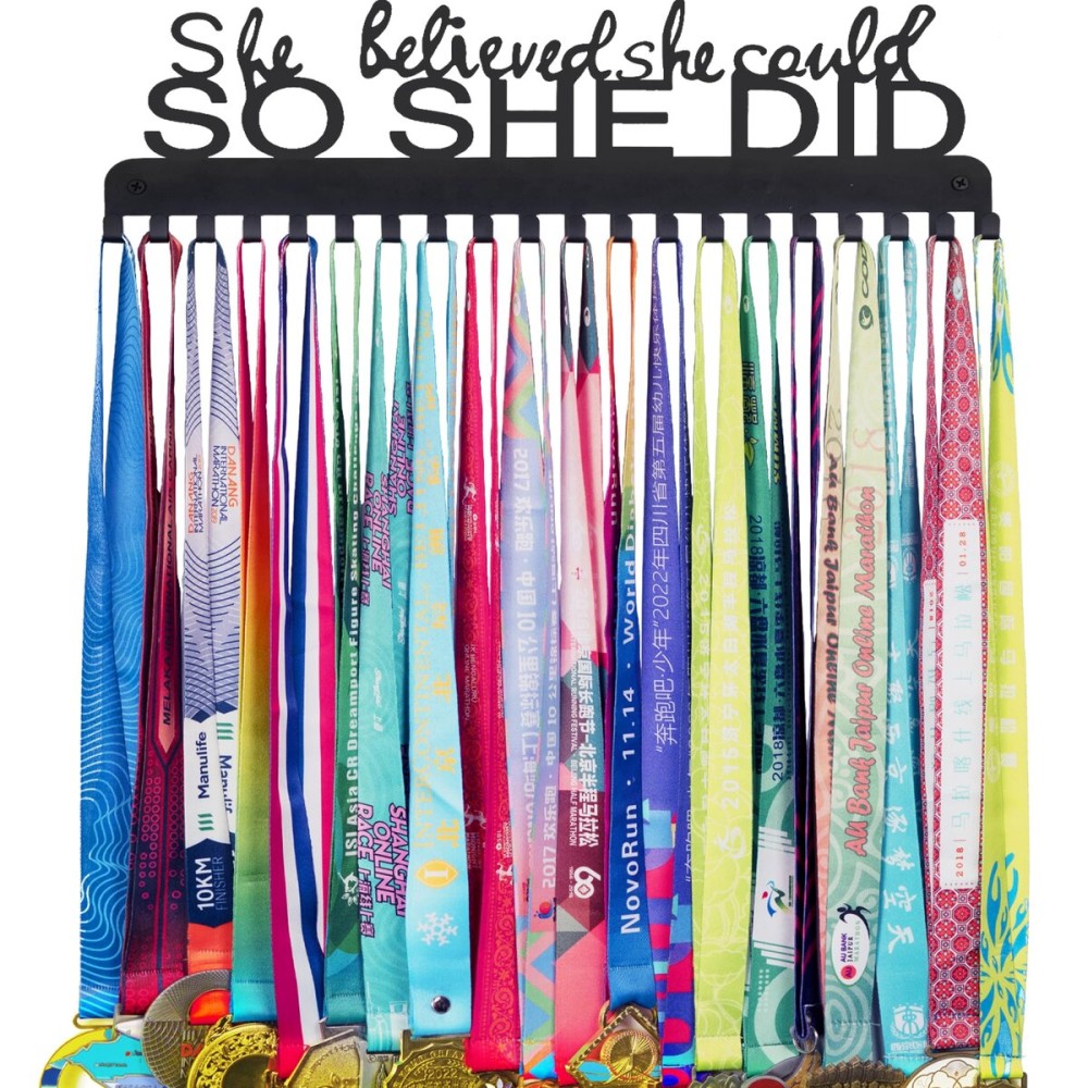 Goutoports Medal Holder Display Hanger Rack Frame for Sport Race Runner - She Believed She Could - Sturdy Black Steel Metal Over 60 Medals Easy to Install Goutoports Medal Holder Display Hanger Rack Frame for Sport Race Runner - She Believed She Could - Sturdy Black Steel Metal Over 60 Medals Easy to Install