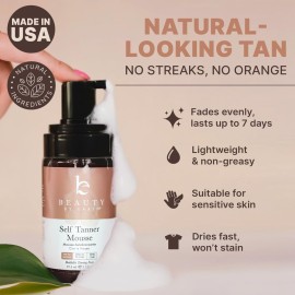 Self Tanner Mousse - USA Made with Natural & Organic Ingredients, Self Tanning Mousse for Fake Tan, Sunless Tanner for Pale Skin, Clear & Non Toxic Tanning Foam for Streak Free Finish, No Orange Color Self Tanner Mousse - USA Made with Natural & Organic Ingredients, Self Tanning Mousse for Fake Tan, Sunless Tanner for Pale Skin, Clear & Non Toxic Tanning Foam for Streak Free Finish, No Orange Color