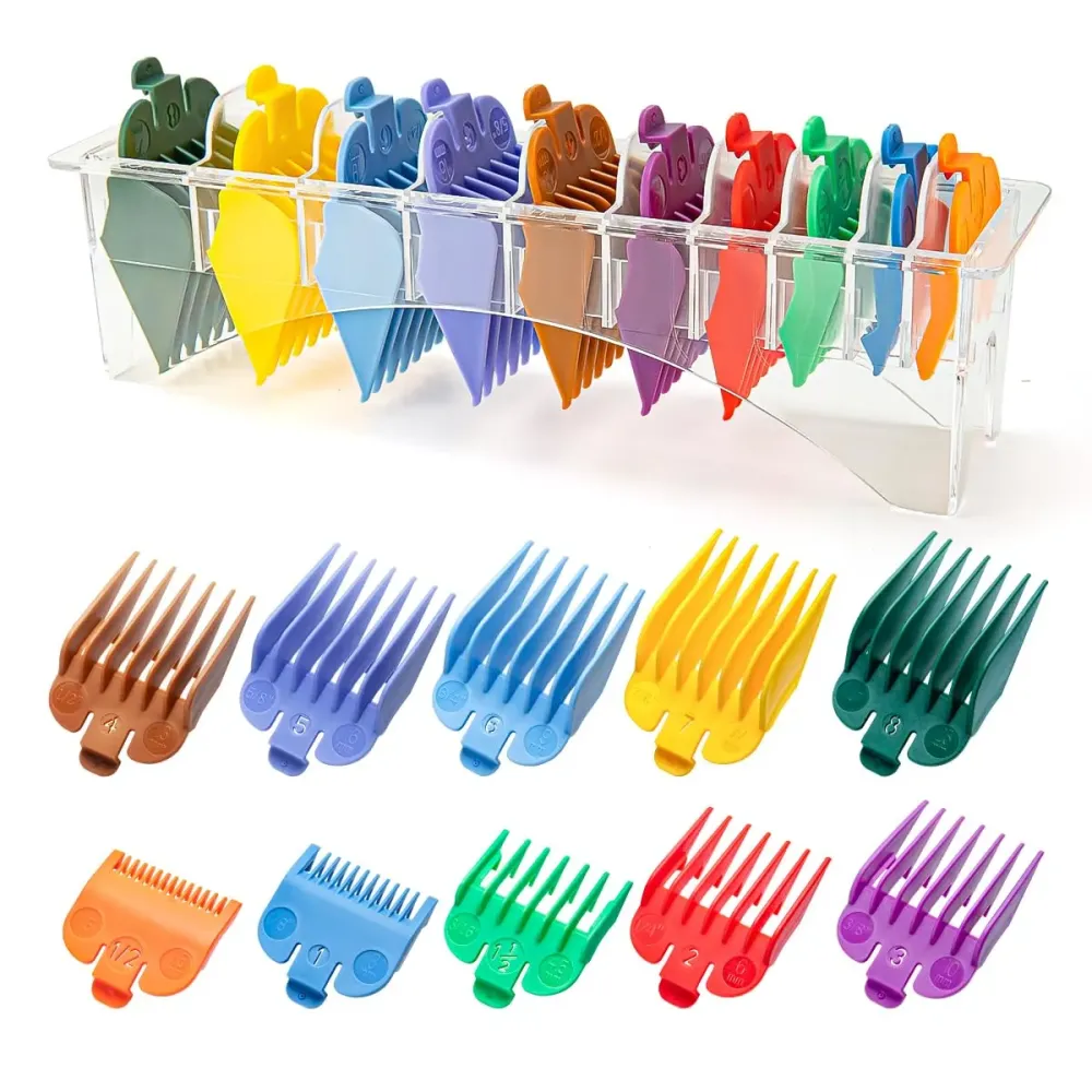 10 Professional Hair Clipper Guards Cutting Guides Fits for Most Wahl Clippers with Organizer, Color Coded Clipper Combs Replacement - 1/16 to 1