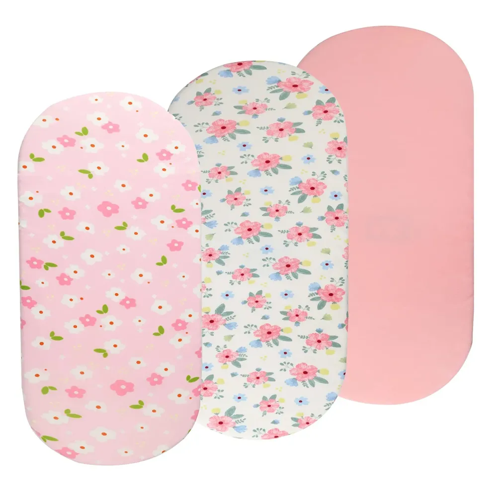 Bassinet Sheets Set 3 Pack for Baby Girl, Stretchy Soft Jersey Knitted Fitted Sheet Universal for Oval Rectangle and Hourglass Bassinet Mattress, Pink Floral Bassinet Sheets Set 3 Pack for Baby Girl, Stretchy Soft Jersey Knitted Fitted Sheet Universal for Oval Rectangle and Hourglass Bassinet Mattress, Pink Floral