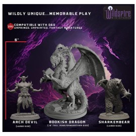 Wildspire Fantasy Monsters & Bookish Dragon for DND Miniatures Unpainted Bulk 28mm-32mm Dungeons & Dragons Minis Pathfinder Figures Fantasy Unpainted Tabletop RPG Miniature Starter Set for D&D