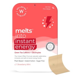 Wellbeing Nutrition Melts Instant Energy, 100% Plant Based Green Tea Caffeine, Essential Electrolytes and Vitamins for Endurance, Sports Hydration, Pre Workout Energy Boost, 30 Oral Strips