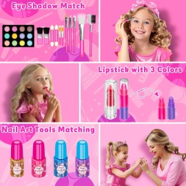 Hollyhi 58 Pcs Kids Makeup Kit for Girl, Princess Toys Real Washable Cosmetic Set with Mirror, Kids Makeup Sets for Girls, Play Make Up Birthday Gifts for 3 4 5 6 7 8 9 10 11 12 Years Old Kid (Rose)