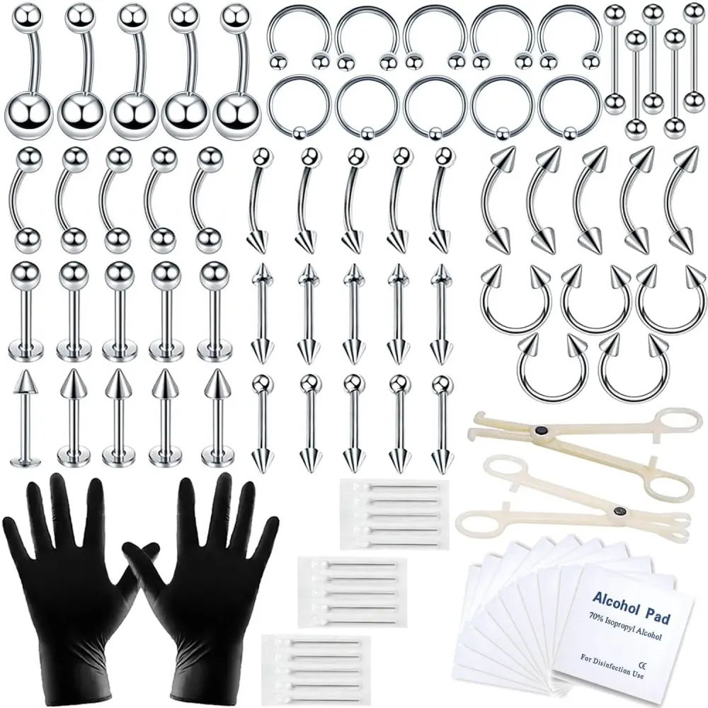 A-minusone 84 PCS Body Septum Piercing Kit 14G 16G Tools for Nose Tongue Lip Ear Eyebrow Belly Button Cartilage Tragus Industrial Barbell Helix Daith Piercing Jewelry Clamps A-minusone 84 PCS Body Septum Piercing Kit 14G 16G Tools for Nose Tongue Lip Ear Eyebrow Belly Button Cartilage Tragus Industrial Barbell Helix Daith Piercing Jewelry Clamps