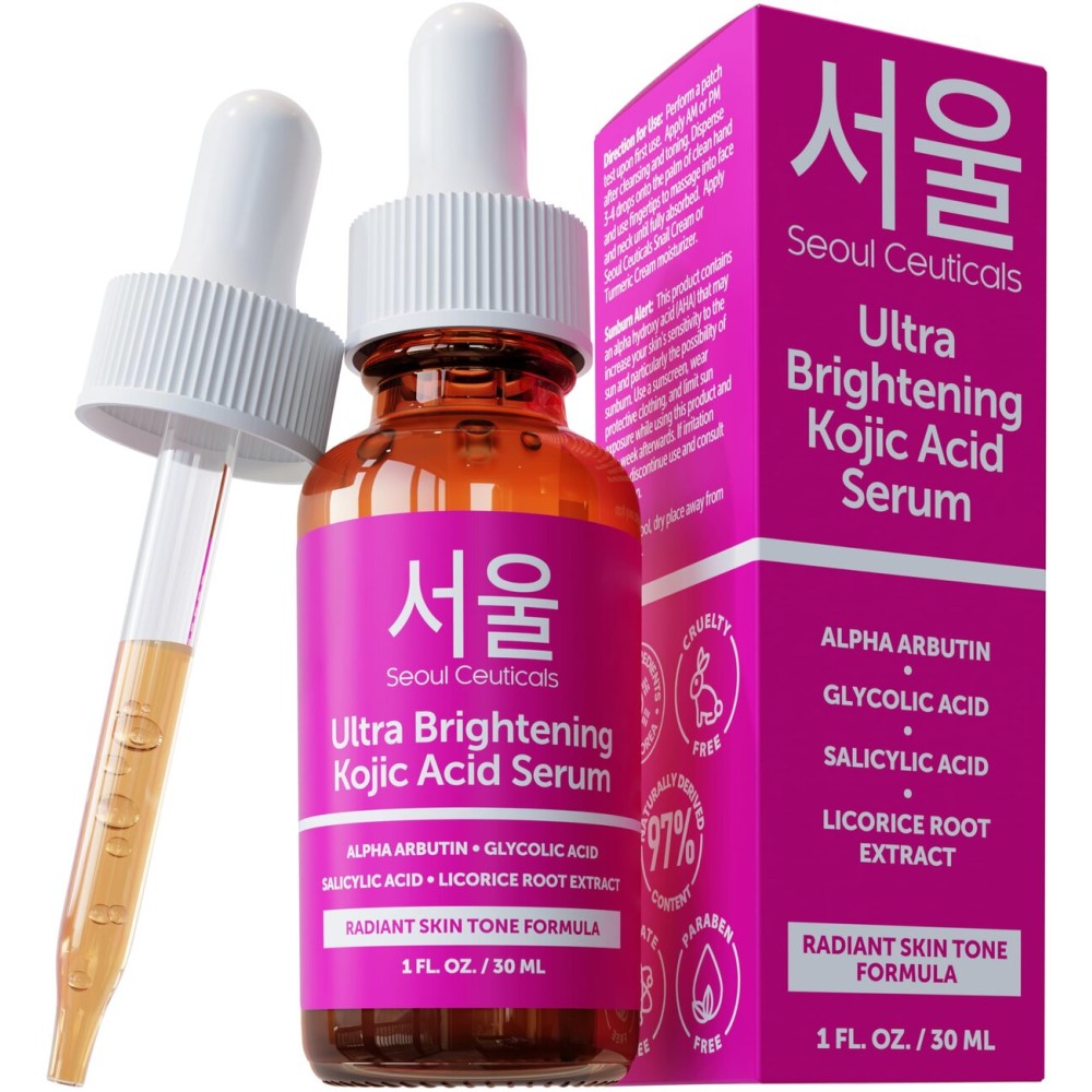 SeoulCeuticals Korean Skin Care Kojic Acid Serum Alpha Arbutin - Dark Spot Remover Corrector Glycolic Acid + Salicylic Acid K Beauty 1oz