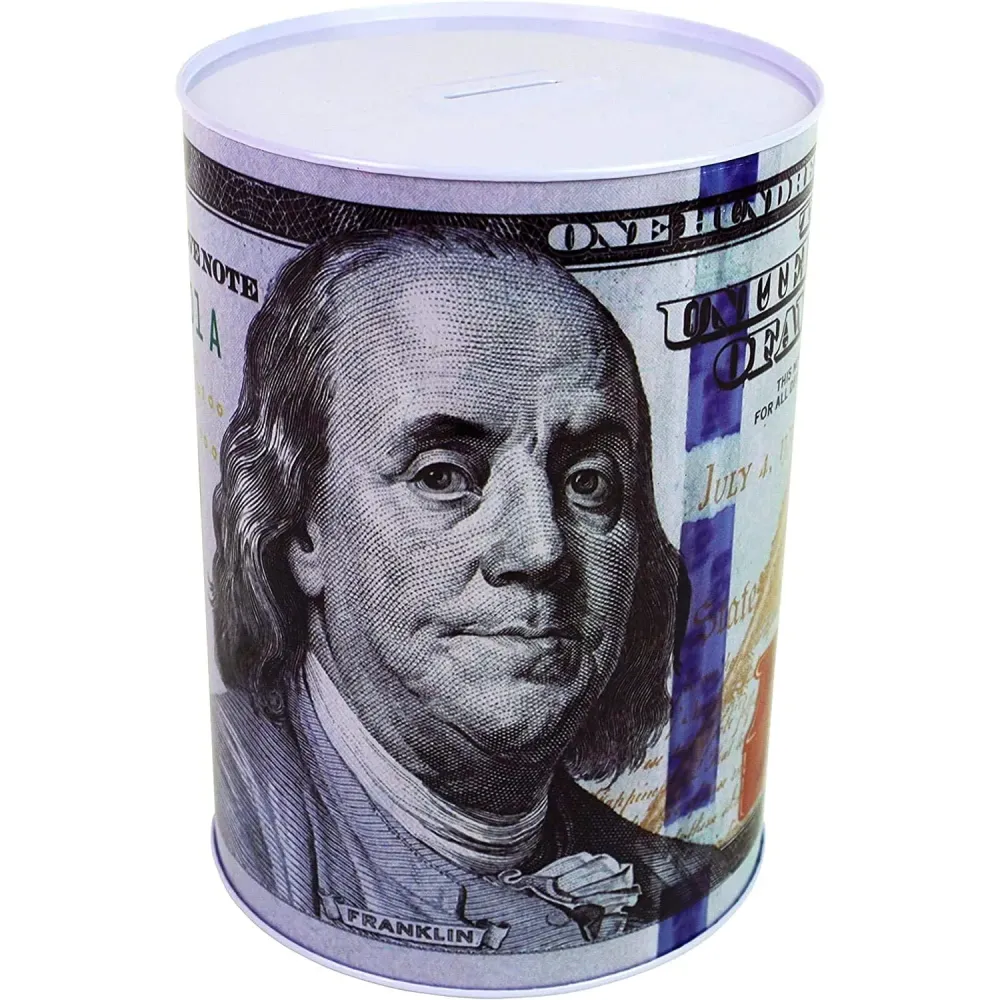 $100 Dollar Bill Piggy Bank 5 7/8 Tall Coin Saving Money Currency Benjamin Franklin Tin Can Banknote Jar (1 Pack, 5 7/8 X 4) $100 Dollar Bill Piggy Bank 5 7/8 Tall Coin Saving Money Currency Benjamin Franklin Tin Can Banknote Jar (1 Pack, 5 7/8 X 4)
