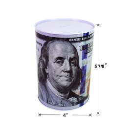 $100 Dollar Bill Piggy Bank 5 7/8 Tall Coin Saving Money Currency Benjamin Franklin Tin Can Banknote Jar (1 Pack, 5 7/8 X 4) $100 Dollar Bill Piggy Bank 5 7/8 Tall Coin Saving Money Currency Benjamin Franklin Tin Can Banknote Jar (1 Pack, 5 7/8 X 4)