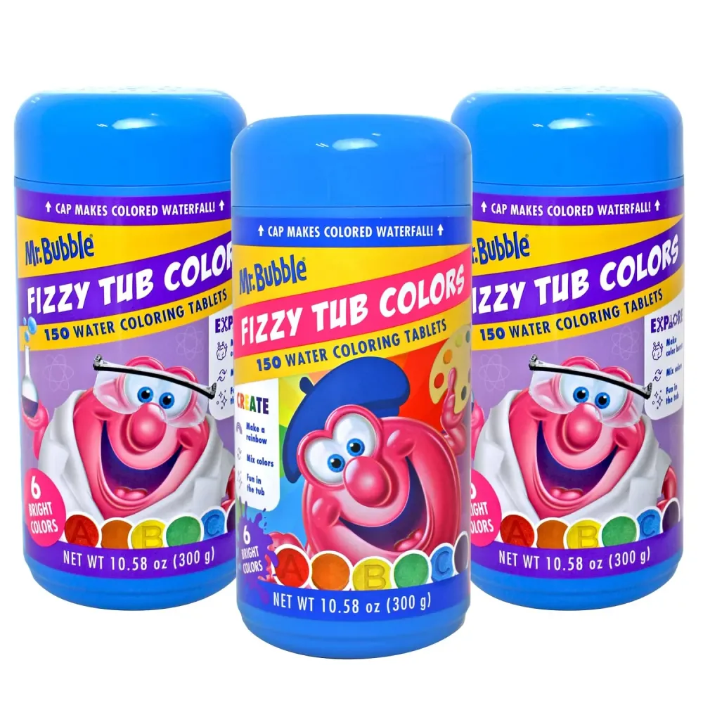 Mr. Bubble Fizzy Tub Colors Bath Water Coloring Tabelets, 6 Bright Colors, Red, Orange, Yellow, Purple, Blue and Green, Fragrance Free, Cap Makes Colorful Waterfall (3 Jars, 150 Tablets Each) Mr. Bubble Fizzy Tub Colors Bath Water Coloring Tabelets, 6 Bright Colors, Red, Orange, Yellow, Purple, Blue and Green, Fragrance Free, Cap Makes Colorful Waterfall (3 Jars, 150 Tablets Each)