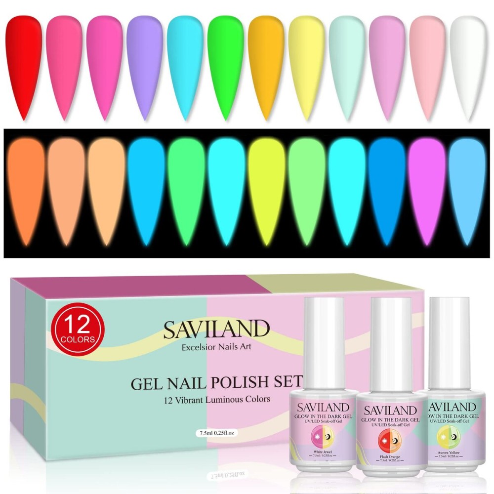 SAVILAND Glows in The Dark Gel Nail Polish Set - 12 Halloween Colors Luminous Neon Nail Gel Polish Set Soak off U V/LED Glow Effect Nail Polish for DIY Nail Art Design Holiday Gifts for Women SAVILAND Glows in The Dark Gel Nail Polish Set - 12 Halloween Colors Luminous Neon Nail Gel Polish Set Soak off U V/LED Glow Effect Nail Polish for DIY Nail Art Design Holiday Gifts for Women