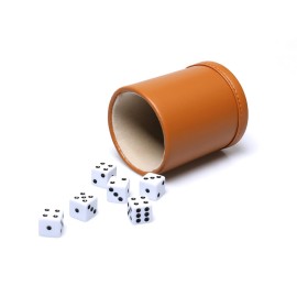 RERIVER Leatherette Dice Cup Set, Camel Leather and Beige Velvet Interior Professional Dice Cup with 6 Black Dot Dice for Liars Dice Farkle Yahtzee Board Games, 1 Pack