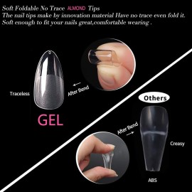UNA GELLA Almond Gel x Nail Tips, 504PCS Pre Etched Clear Fake Nails Tips Medium Almond Shape - 12 Sizes Full Cover Soft Acrylic Press On Nail Extensions No C Curve Gift for Diy at Home