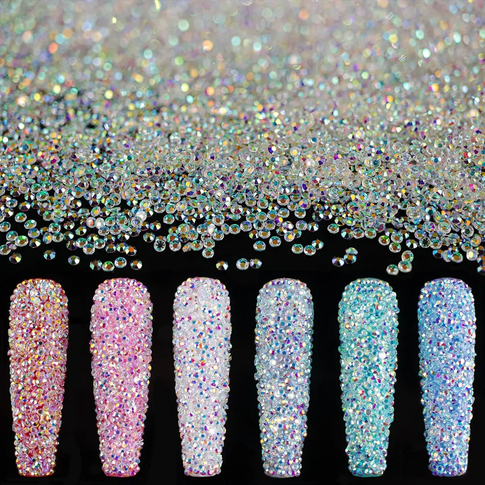 Tiny Nail Rhinestones 15000PCs 1.2mm Ultra Mini Pixie AB Glass Crystals for Nail Art Manicure Iridescent Long Lasting Shine Small Rhinestone Micro Dust Glitter Caviar Bead Sugar Gem