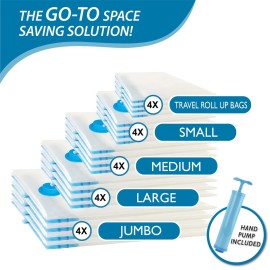 20 Pack Vacuum Storage Bags, Space Saver Bags (4 Jumbo/4 Large/4 Medium/4 Small/4 Roll) Compression for Comforters and Blankets, Sealer Clothes Storage, Hand Pump Included 20 Pack Vacuum Storage Bags, Space Saver Bags (4 Jumbo/4 Large/4 Medium/4 Small/4 Roll) Compression for Comforters and Blankets, Sealer Clothes Storage, Hand Pump Included