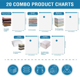20 Pack Vacuum Storage Bags, Space Saver Bags (4 Jumbo/4 Large/4 Medium/4 Small/4 Roll) Compression for Comforters and Blankets, Sealer Clothes Storage, Hand Pump Included 20 Pack Vacuum Storage Bags, Space Saver Bags (4 Jumbo/4 Large/4 Medium/4 Small/4 Roll) Compression for Comforters and Blankets, Sealer Clothes Storage, Hand Pump Included