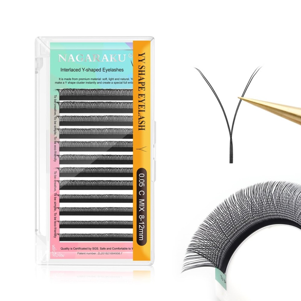 NAGARAKU yy Eyelash Extensions Supplies y lash 0.05mm C curl Mix Tray 8-12mm Premade 4D Easy Fan Russian Volume Cluster Faux Mink Matte 12 rows pre Fanned Wispies Crisscross Eye Lashes