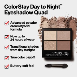 REVLON ColorStay Day to Night Eyeshadow Quad, Longwear Shadow Palette with Transitional Shades and Buttery Soft Feel, Crease & Smudge Proof, 580 Gorgeous, 0.16 oz REVLON ColorStay Day to Night Eyeshadow Quad, Longwear Shadow Palette with Transitional Shades and Buttery Soft Feel, Crease & Smudge Proof, 580 Gorgeous, 0.16 oz