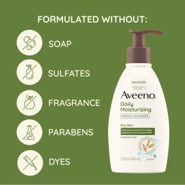 Aveeno Daily Moisturizing Facial Cleanser for Dry Skin, Gentle Face Cleanser with Soothing Oat for Skin that Feels Soft & Supple, Removes Dirt, Oil and Impurities, Fragrance Free, 12 FL OZ Aveeno Daily Moisturizing Facial Cleanser for Dry Skin, Gentle Face Cleanser with Soothing Oat for Skin that Feels Soft & Supple, Removes Dirt, Oil and Impurities, Fragrance Free, 12 FL OZ