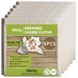 Olicity Cheese Cloths, 6PCS, Grade 100,20x20Inch Hemmed Cheese Cloth Fabric Reusable Fine Mesh Cloth, 100% Cotton Unbleached Precut Muslin Cheesecloth for Straining, Cooking, Yogurt, Juicing