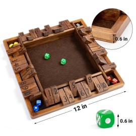 ropoda 12 Inches 4-Way Shut The Box Dice Board Game (2-4 Players) for Kids & Adults [4 Sided Large Wooden Board Game, 8 Dice + Shut-The-Box Rules] Smart Game for Learning Addition