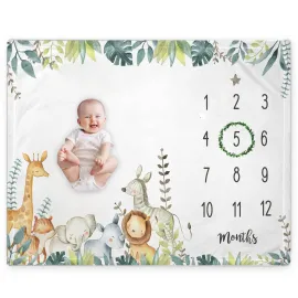 Popfavors, Yuzioey Safari Baby Monthly Milestone Blanket - Jungle Animals Growth Chart for Nursery Decor - White, 50Inx40In - Includes Marker Popfavors, Yuzioey Safari Baby Monthly Milestone Blanket - Jungle Animals Growth Chart for Nursery Decor - White, 50Inx40In - Includes Marker